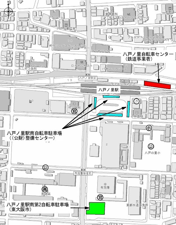 八戸ノ里駅周辺自転車駐車場案内図