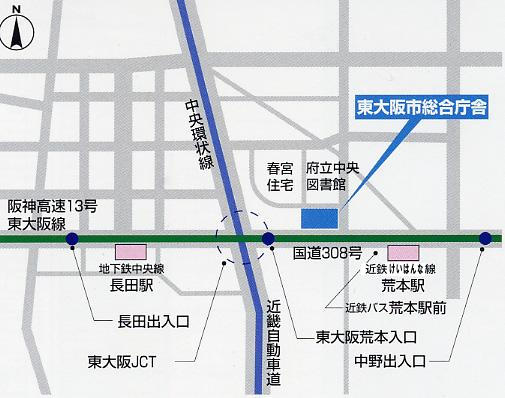 市庁舎への交通案内の地図