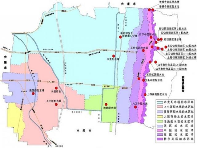 東大阪市の給水区域と施設 