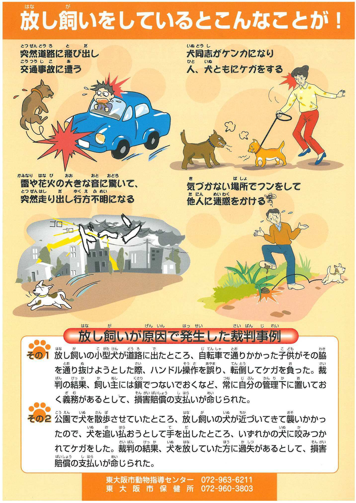 飼い犬を放し飼いをしていると、交通事故にあったり、犬同士のケンカ、行方不明になったりすることがあることを案内する絵。犬の放し飼い、放し散歩は大変危険であり、絶対にしないように啓発するリーフレット