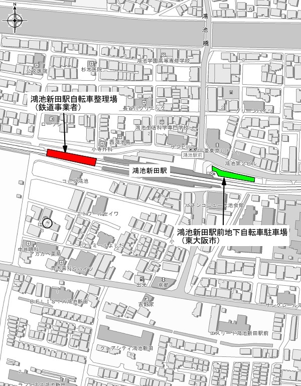 鴻池新田駅周辺自転車駐車場案内図