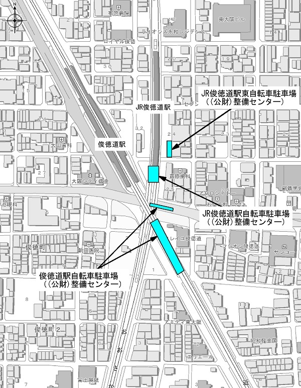 俊徳道駅及びJR俊徳道駅周辺自転車駐車場案内図