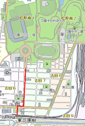 東花園駅から近鉄花園ラグビー場までの道「スクラムロード花園」の地図