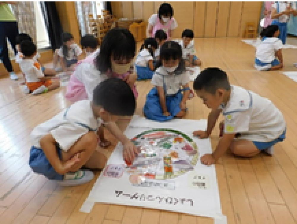 幼稚園で3色栄養について学ぶ園児達