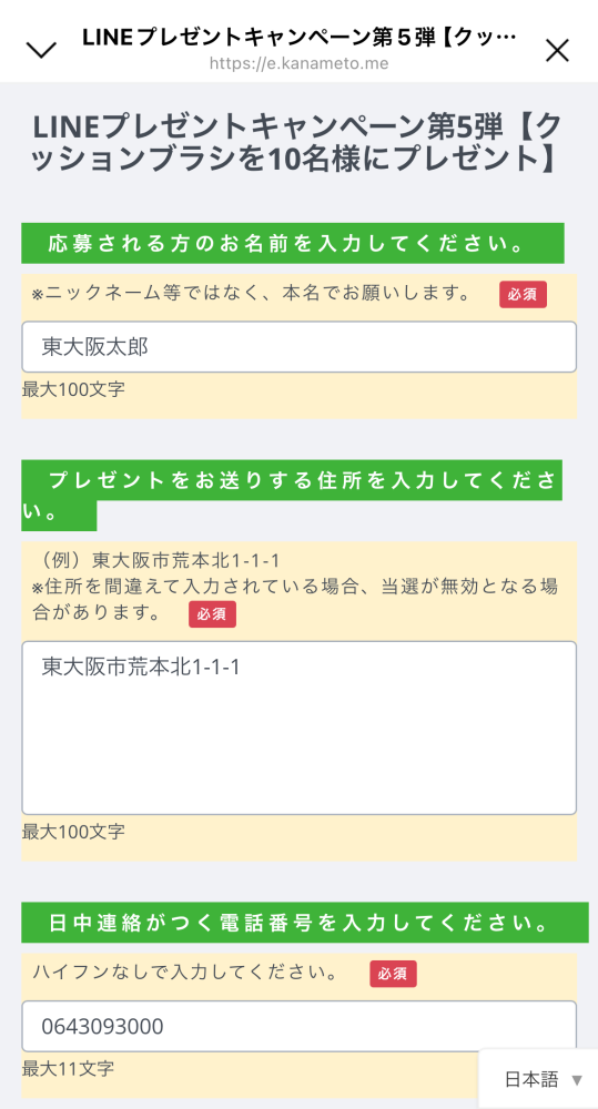 応募フォーム画面2