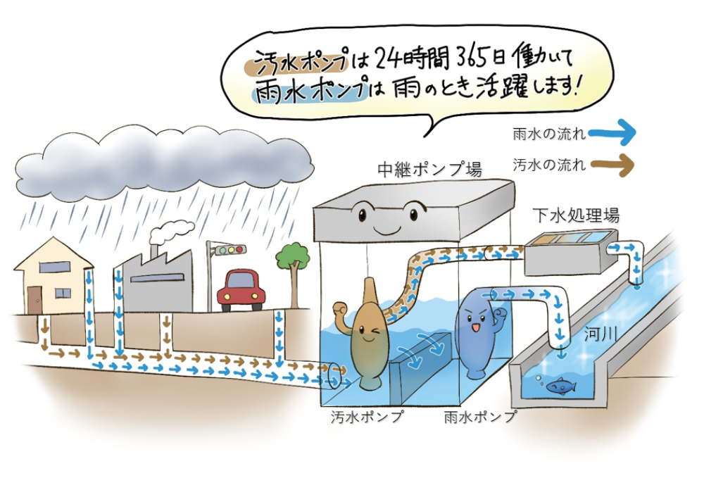 中継ポンプ場が雨水を河川へ排水するイラスト