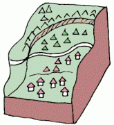 斜面が地下水の影響と重力によってゆっくりと斜面下方に移動いている画像