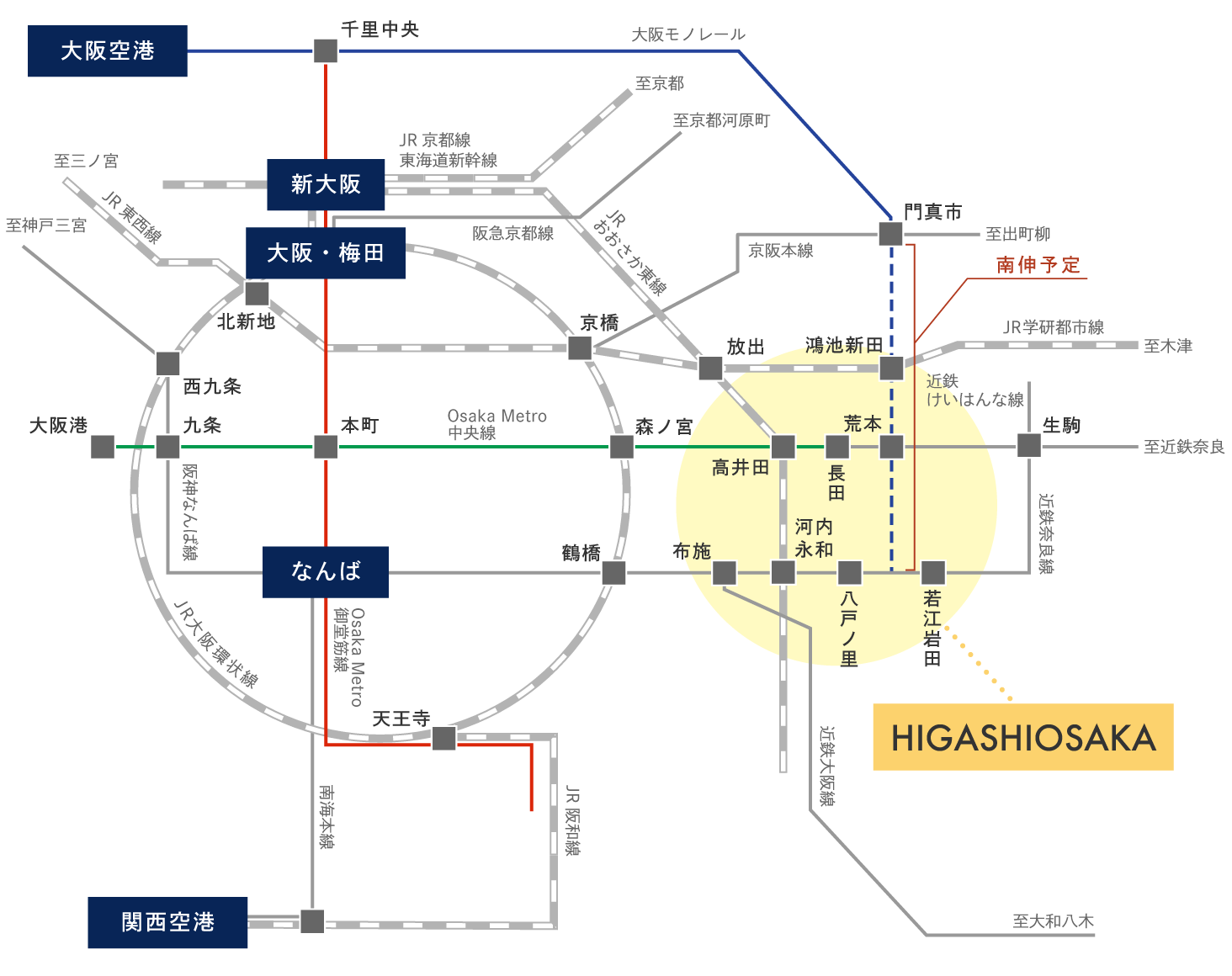 東大阪を中心とした路線図