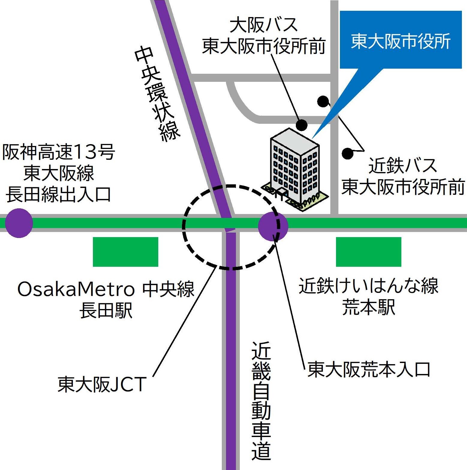 市庁舎への交通案内の地図